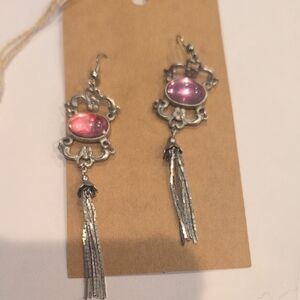 Silver Filigree Pink Glass Tassel Drop Earrings